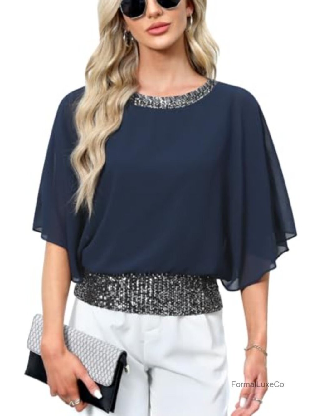 Sequin Chiffon Tunic Top Batwing Sleeve Blouson Party Wedding Shirt